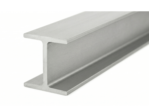 An isometric studio shot of a structural steel HEB beam profile, highlighting the equal flange width and section height.
