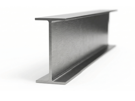 A metallic IPE-profile structural steel beam showing its characteristic narrow flanges and a distinctly tall central web, isolated on a white background.
