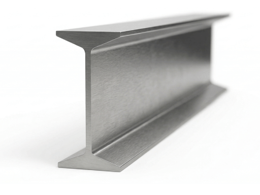: A single, clean, newly machined metallic IPN-profile steel beam, presented in a three-quarter view on a pure white background