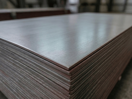 Close-up of a stacked pile of metal sheets in a warehouse